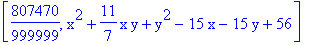 [807470/999999, x^2+11/7*x*y+y^2-15*x-15*y+56]